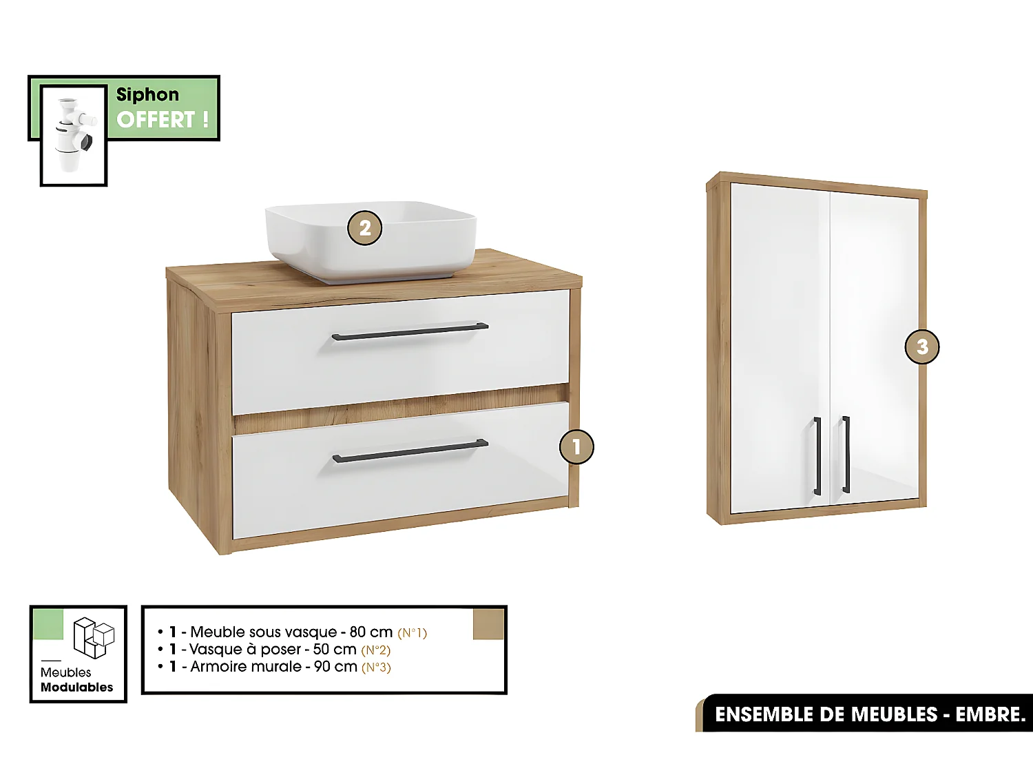 Ensemble complet - de salle de bain - Meuble - Armoire - Vasque avec Siphon OFFERT | EMBRE | Blanc | 80 x 50 x 45 cm