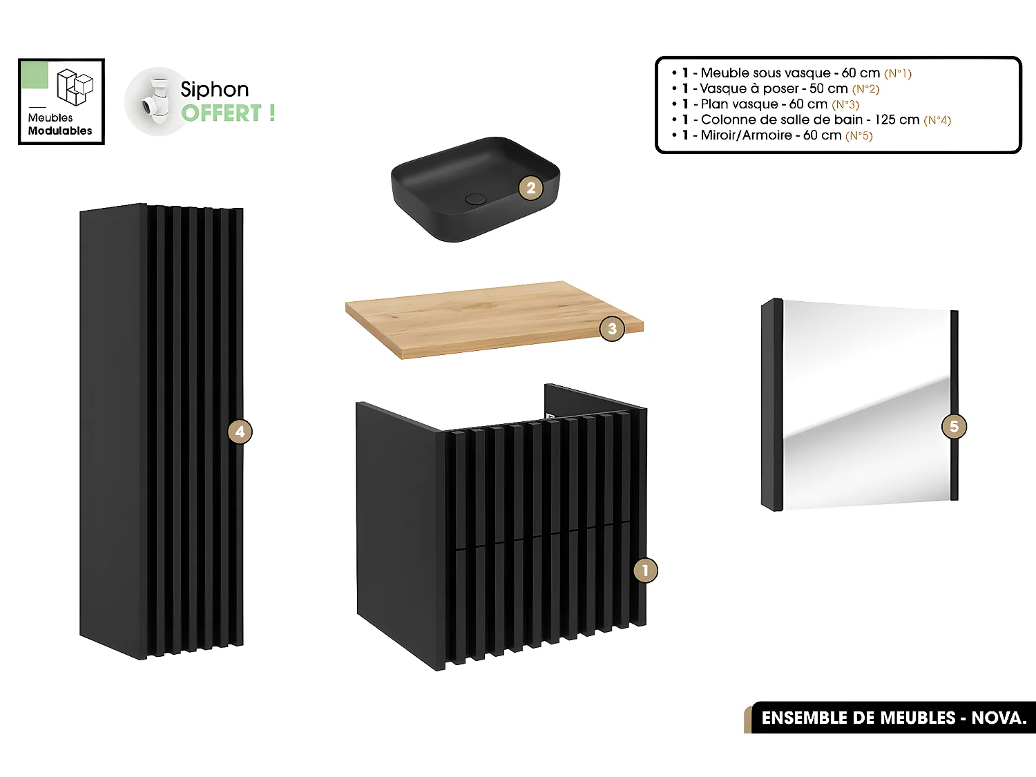 Ensemble complet de salle de bain - Meuble - Colonne - Miroir - Vasque à poser avec Siphon OFFERT | NOVA | Oak | 60 x 56 x 45 cm