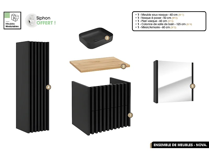 Ensemble complet de salle de bain - Meuble - Colonne - Miroir - Vasque à poser avec Siphon OFFERT | NOVA | Oak | 60 x 56 x 45 cm