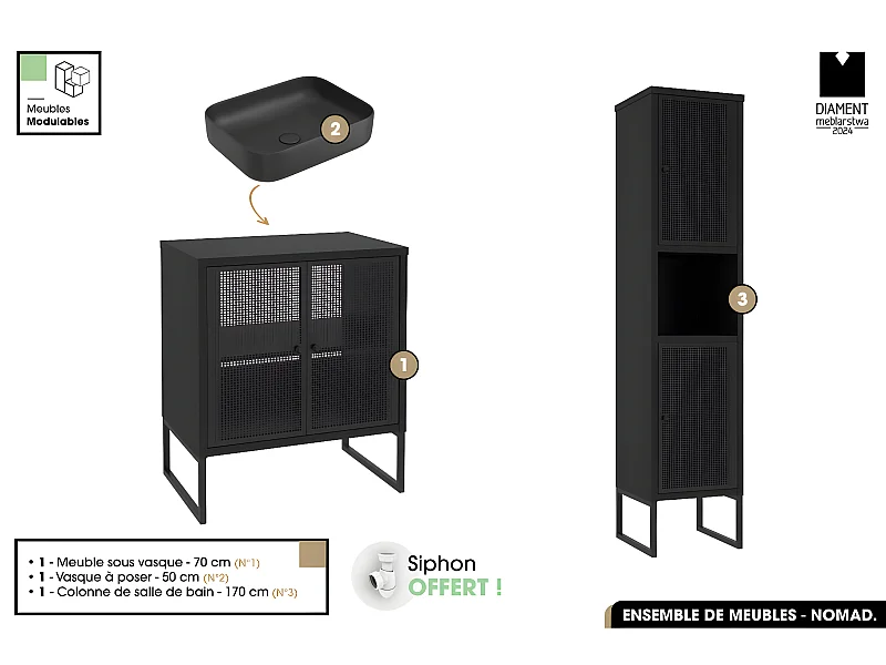 Ensemble complet de salle de bain - Meuble - Colonne - Vasque avec Siphon OFFERT | NOMAD | NOIR | 70 x 80 x 43 cm