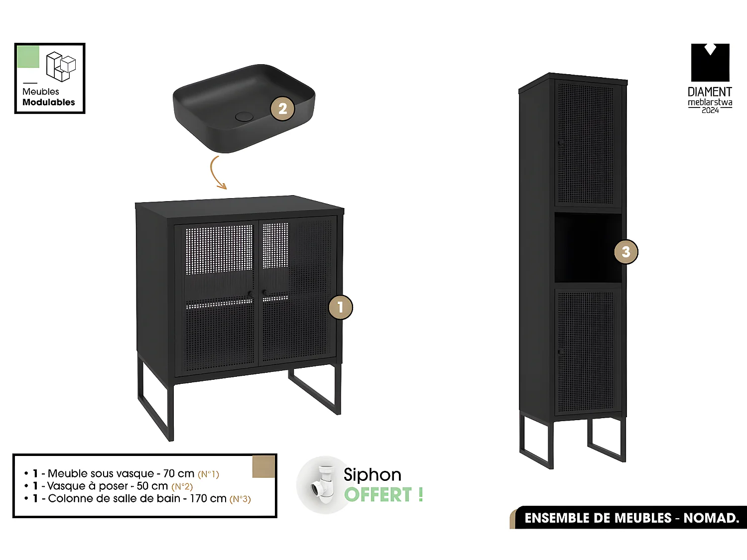 Ensemble complet de salle de bain - Meuble - Colonne - Vasque avec Siphon OFFERT | NOMAD | NOIR | 70 x 80 x 43 cm