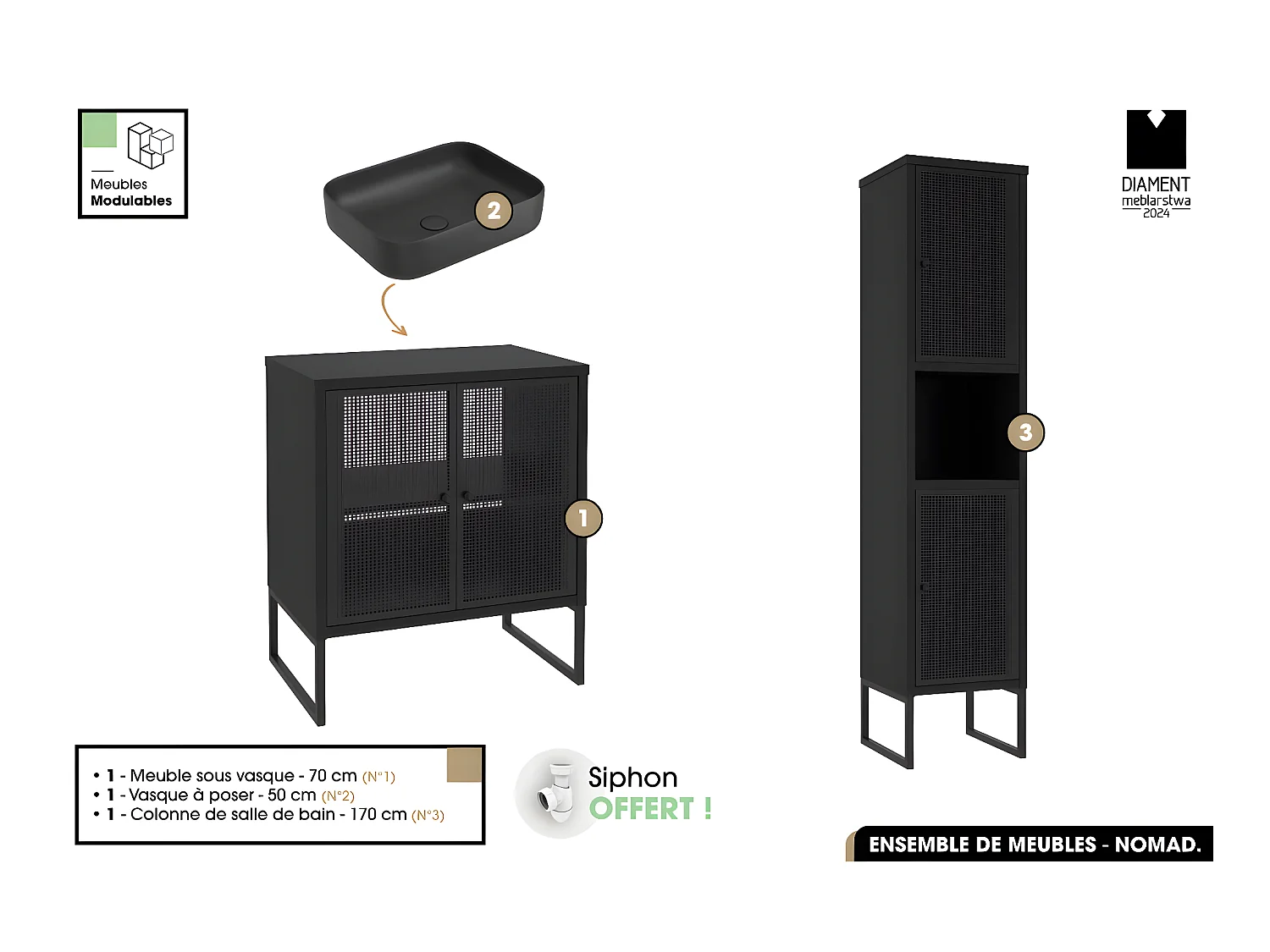 Ensemble complet de salle de bain - Meuble - Colonne - Vasque avec Siphon OFFERT | NOMAD | NOIR | 70 x 80 x 43 cm
