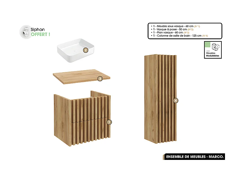 Ensemble complet de salle de bain - Meuble - Colonne - Vasque à poser avec Siphon OFFERT | MARCO | Oak | 60 x 56 x 45 cm