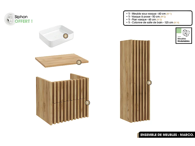 Ensemble complet de salle de bain - Meuble - Colonne - Vasque à poser avec Siphon OFFERT | MARCO | Oak | 60 x 56 x 45 cm