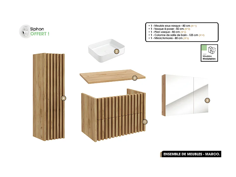 Ensemble complet de salle de bain - Meuble - Colonne - Miroir - Vasque à poser avec Siphon OFFERT | MARCO | Oak | 80 x 56 x 45 cm