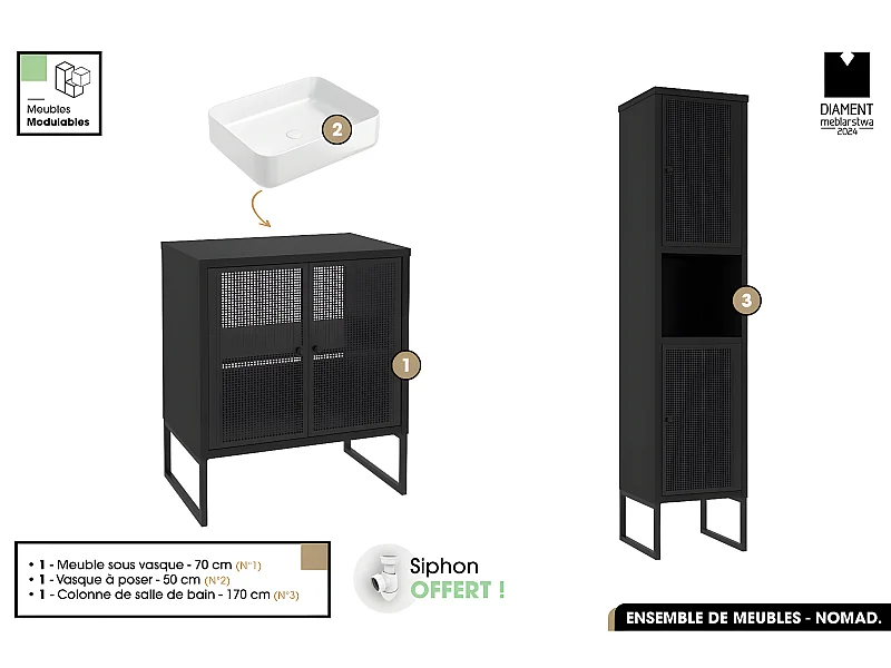 Ensemble complet de salle de bain - Meuble - Colonne - Vasque avec Siphon OFFERT | NOMAD | NOIR | 70 x 80 x 43 cm