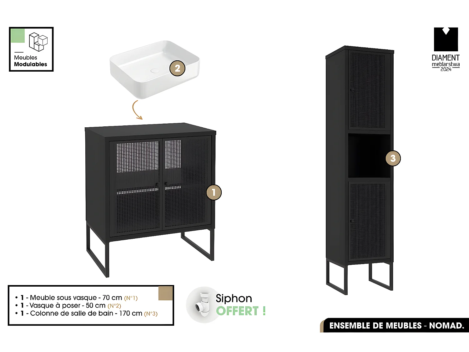 Ensemble complet de salle de bain - Meuble - Colonne - Vasque avec Siphon OFFERT | NOMAD | NOIR | 70 x 80 x 43 cm