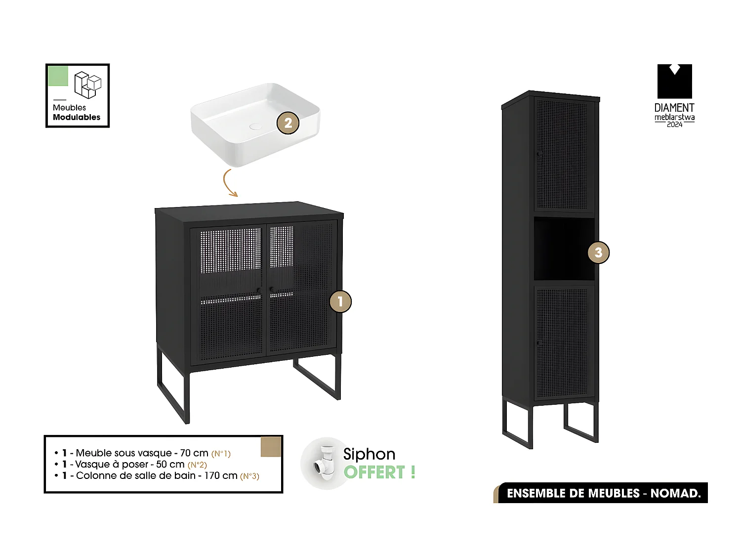 Ensemble complet de salle de bain - Meuble - Colonne - Vasque avec Siphon OFFERT | NOMAD | NOIR | 70 x 80 x 43 cm