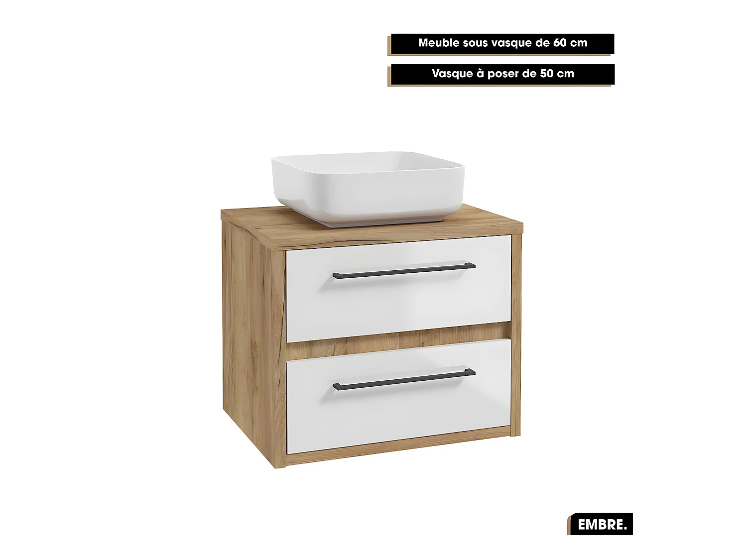 Ensemble complet - de salle de bain - Meuble - Miroir/Armoire LED - Vasque avec Siphon OFFERT | EMBRE | Blanc | 60 x 50 x 45 cm