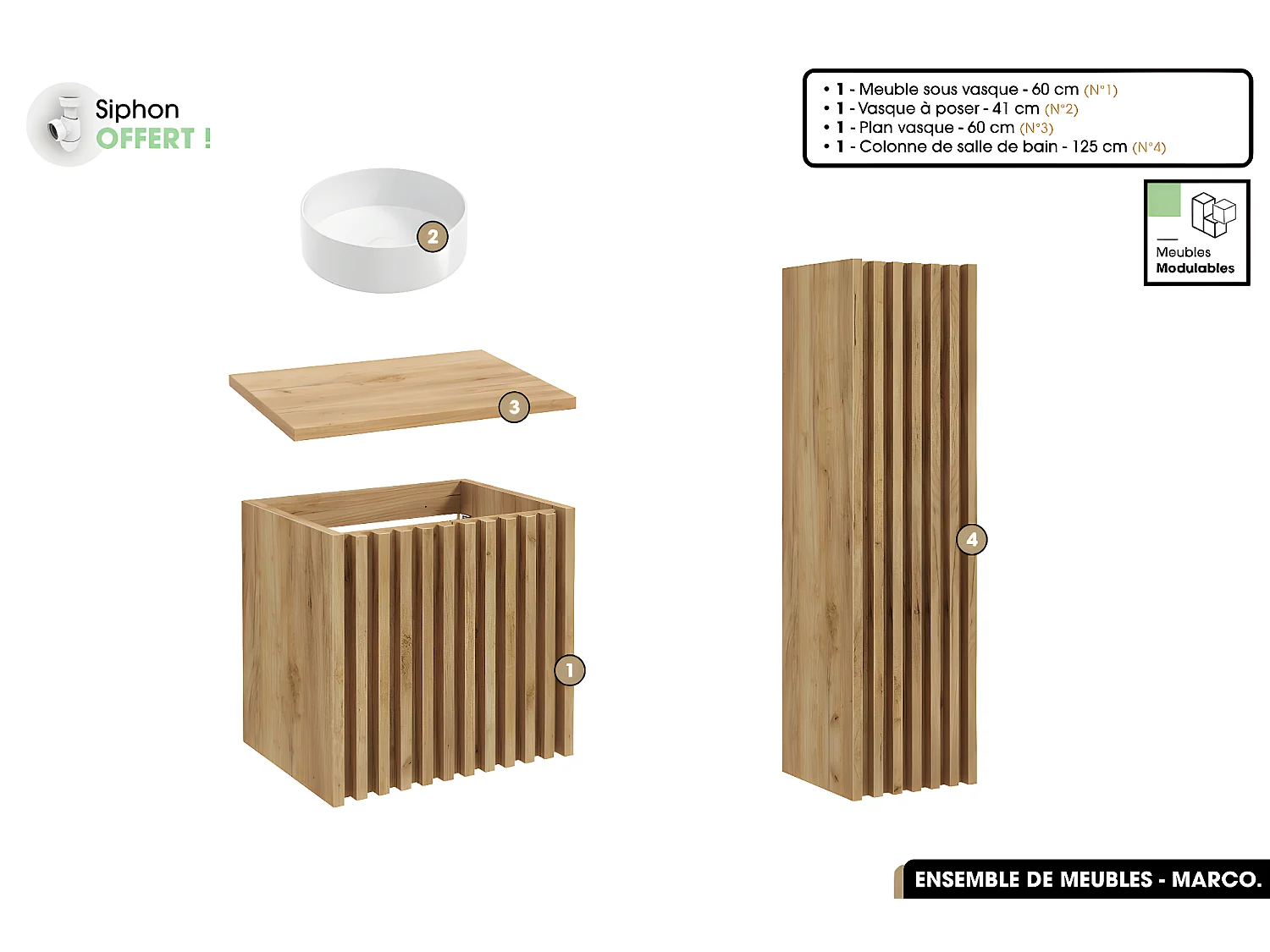 Ensemble complet de salle de bain - Meuble - Colonne - Vasque à poser avec Siphon OFFERT | MARCO | Oak | 60 x 56 x 45 cm