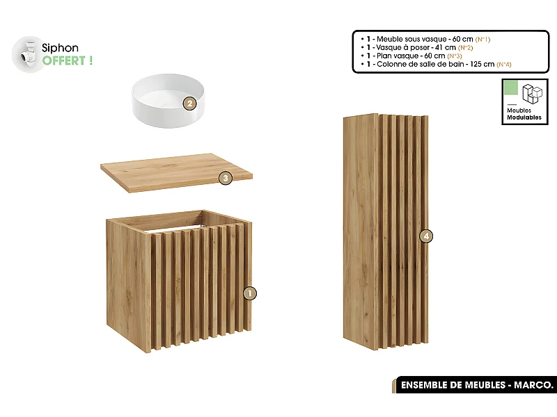 Ensemble complet de salle de bain - Meuble - Colonne - Vasque à poser avec Siphon OFFERT | MARCO | Oak | 60 x 56 x 45 cm