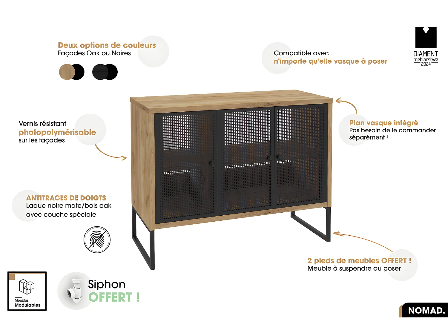 Ensemble complet de salle de bain - Meuble - Colonne - Miroir - Vasque avec Siphon OFFERT | NOMAD | OAK | 102 x 80 x 43 cm