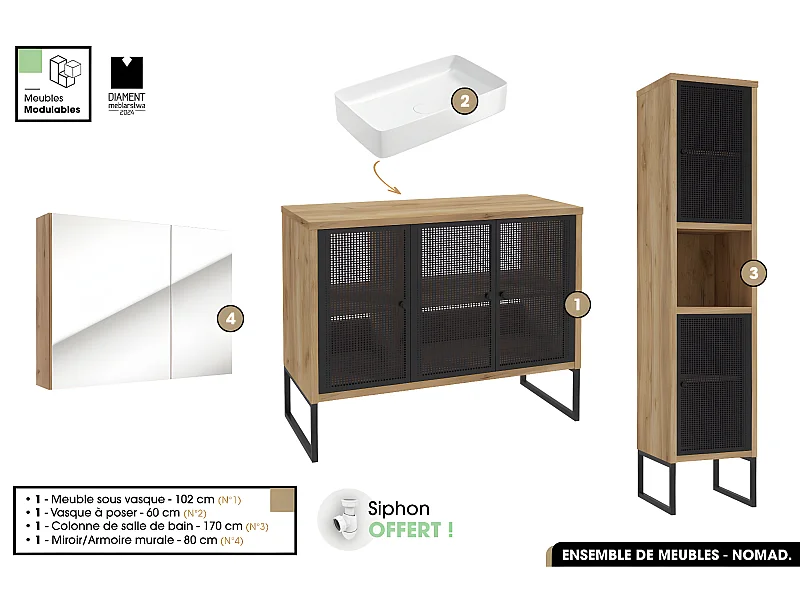 Ensemble complet de salle de bain - Meuble - Colonne - Miroir - Vasque avec Siphon OFFERT | NOMAD | OAK | 102 x 80 x 43 cm