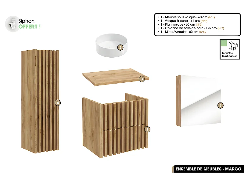 Ensemble complet de salle de bain - Meuble - Colonne - Miroir - Vasque à poser avec Siphon OFFERT | MARCO | Oak | 60 x 56 x 45 cm