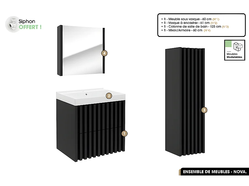 Ensemble complet de salle de bain - Meuble - Colonne - Miroir - Vasque à encastrer avec Siphon OFFERT | NOVA | Noir | 60 x 56 x 45 cm