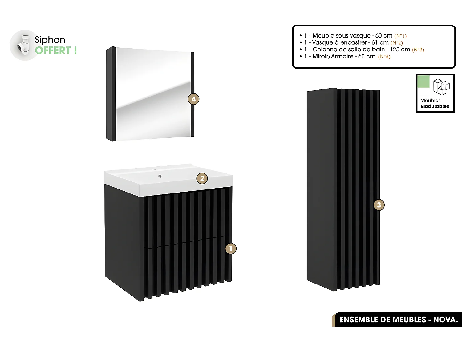 Ensemble complet de salle de bain - Meuble - Colonne - Miroir - Vasque à encastrer avec Siphon OFFERT | NOVA | Noir | 60 x 56 x 45 cm