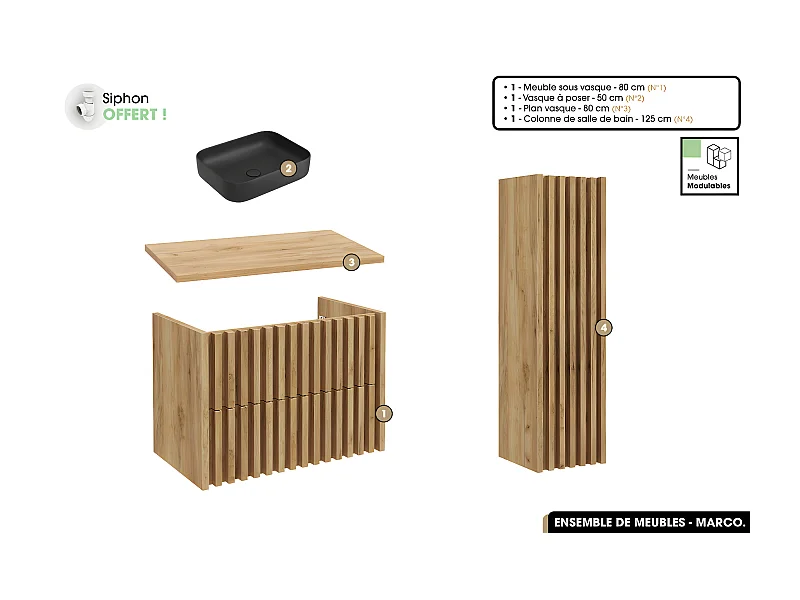 Ensemble complet de salle de bain - Meuble - Colonne - Vasque à poser avec Siphon OFFERT | MARCO | Oak | 80 x 56 x 45 cm