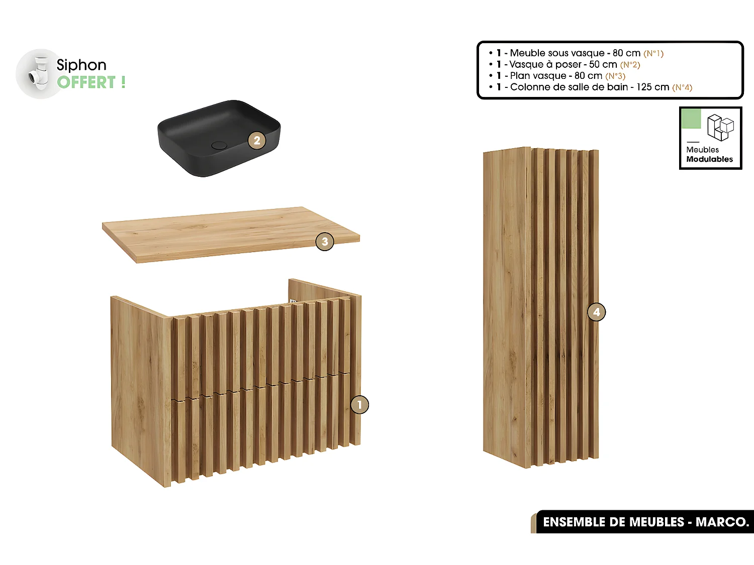 Ensemble complet de salle de bain - Meuble - Colonne - Vasque à poser avec Siphon OFFERT | MARCO | Oak | 80 x 56 x 45 cm