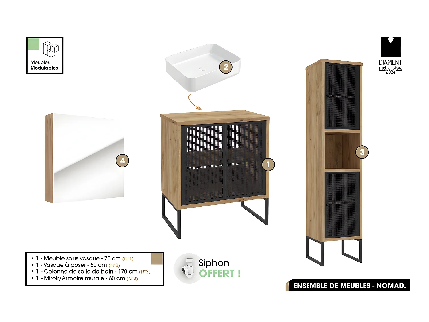 Ensemble complet de salle de bain - Meuble - Colonne - Miroir - Vasque avec Siphon OFFERT | NOMAD | OAK | 70 x 80 x 43 cm