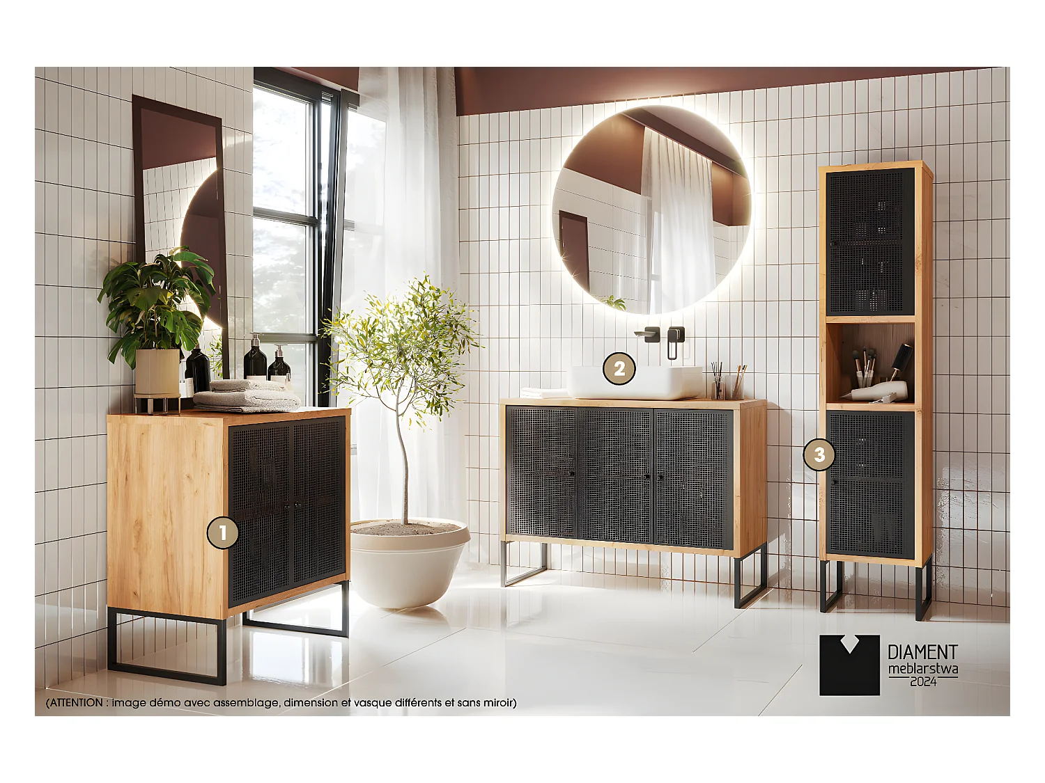 Ensemble complet de salle de bain - Meuble - Colonne - Miroir - Vasque avec Siphon OFFERT | NOMAD | OAK | 70 x 80 x 43 cm