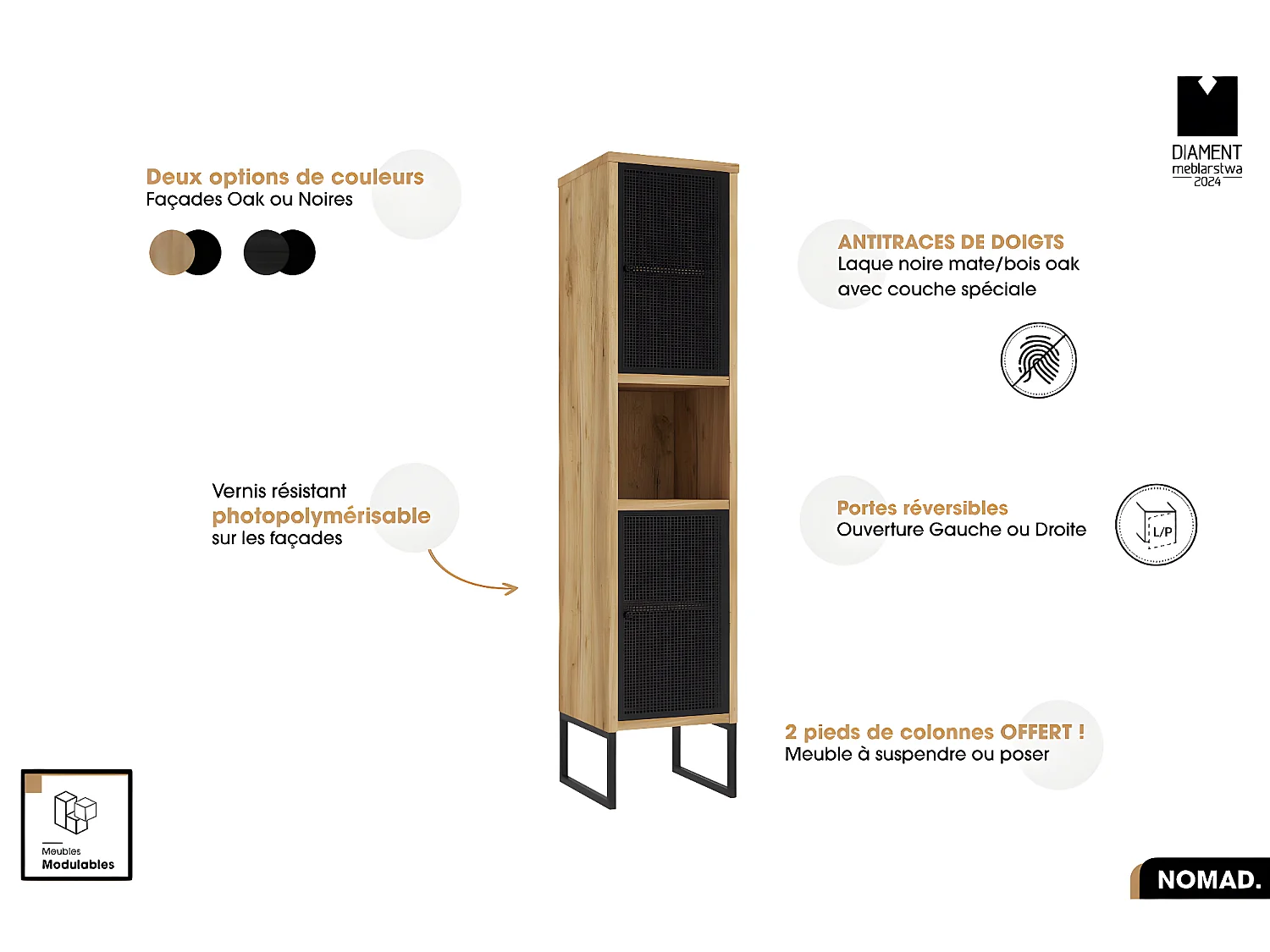 Ensemble complet de salle de bain - Meuble - Colonne - Miroir - Vasque avec Siphon OFFERT | NOMAD | OAK | 70 x 80 x 43 cm