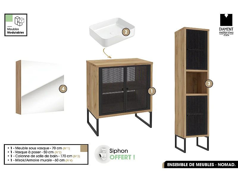 Ensemble complet de salle de bain - Meuble - Colonne - Miroir - Vasque avec Siphon OFFERT | NOMAD | OAK | 70 x 80 x 43 cm