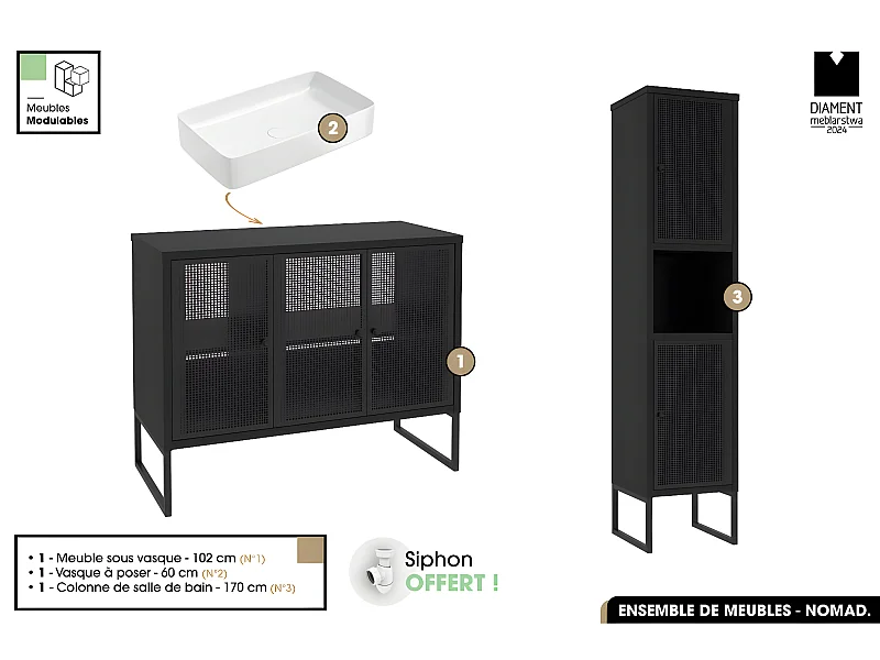 Ensemble complet de salle de bain - Meuble - Colonne - Vasque avec Siphon OFFERT | NOMAD | NOIR | 102 x 80 x 43 cm