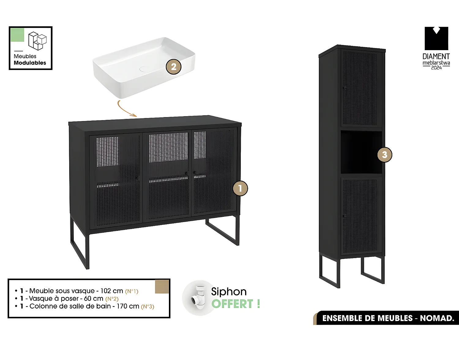 Ensemble complet de salle de bain - Meuble - Colonne - Vasque avec Siphon OFFERT | NOMAD | NOIR | 102 x 80 x 43 cm