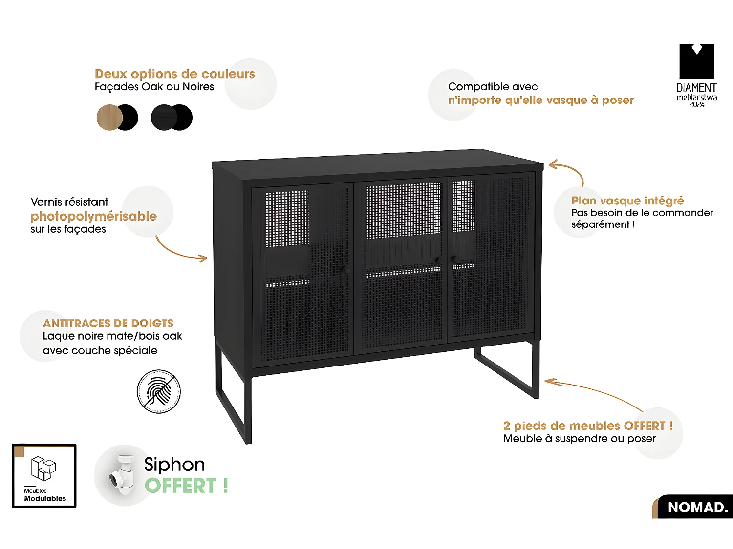 Ensemble complet de salle de bain - Meuble - Colonne - Vasque avec Siphon OFFERT | NOMAD | NOIR | 102 x 80 x 43 cm