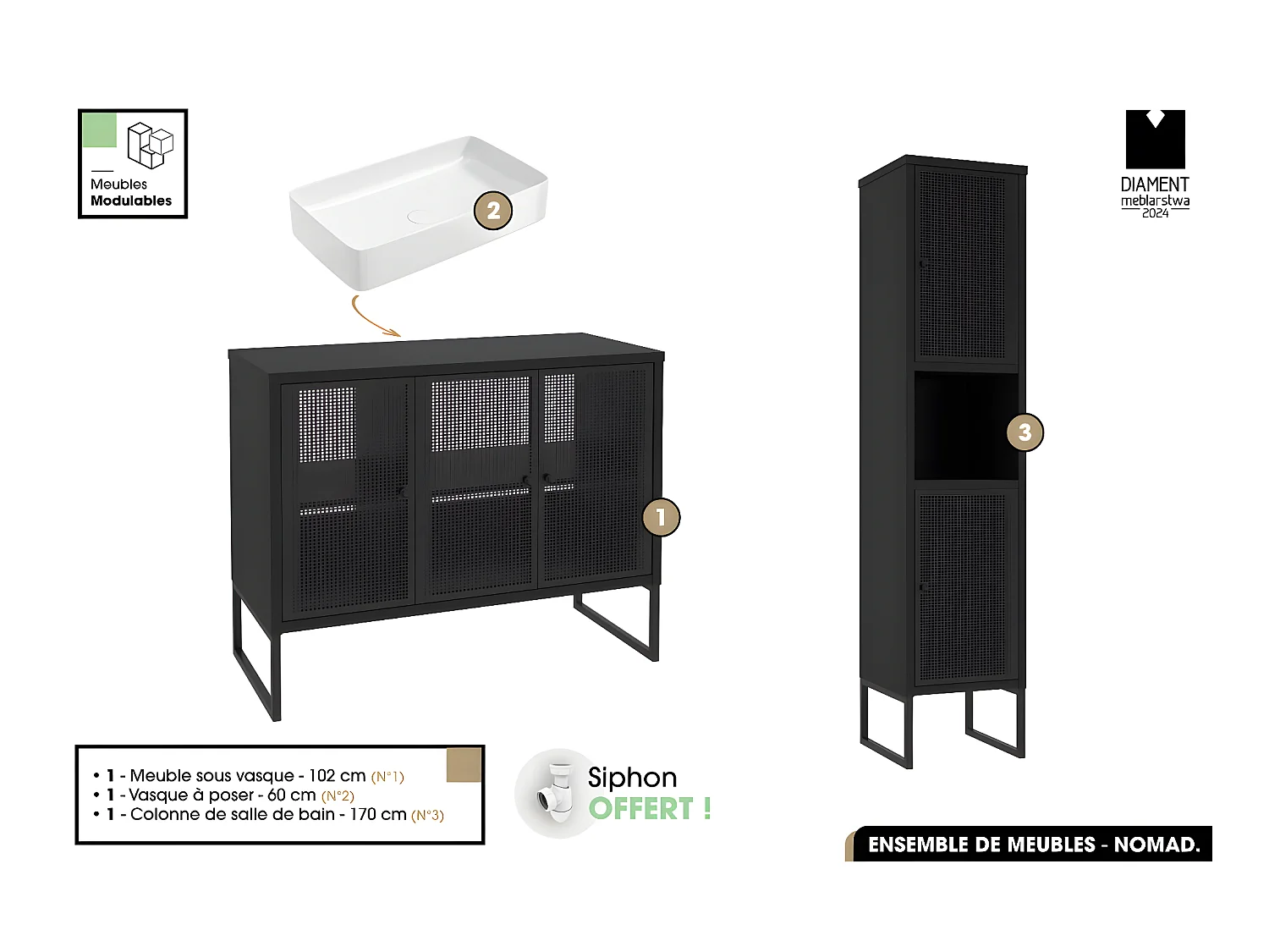 Ensemble complet de salle de bain - Meuble - Colonne - Vasque avec Siphon OFFERT | NOMAD | NOIR | 102 x 80 x 43 cm