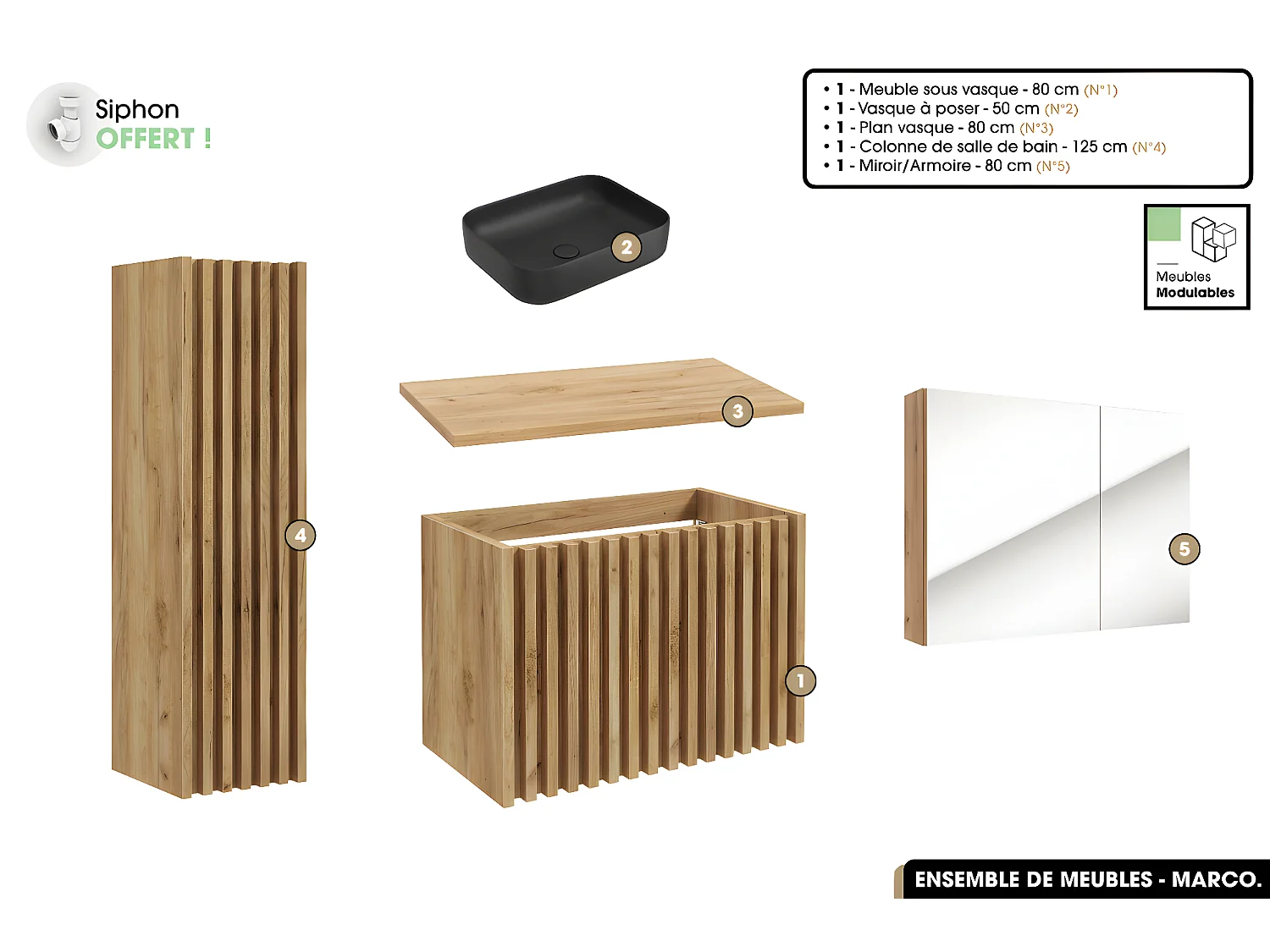 Ensemble complet de salle de bain - Meuble - Colonne - Miroir - Vasque à poser avec Siphon OFFERT | MARCO | Oak | 80 x 56 x 45 cm