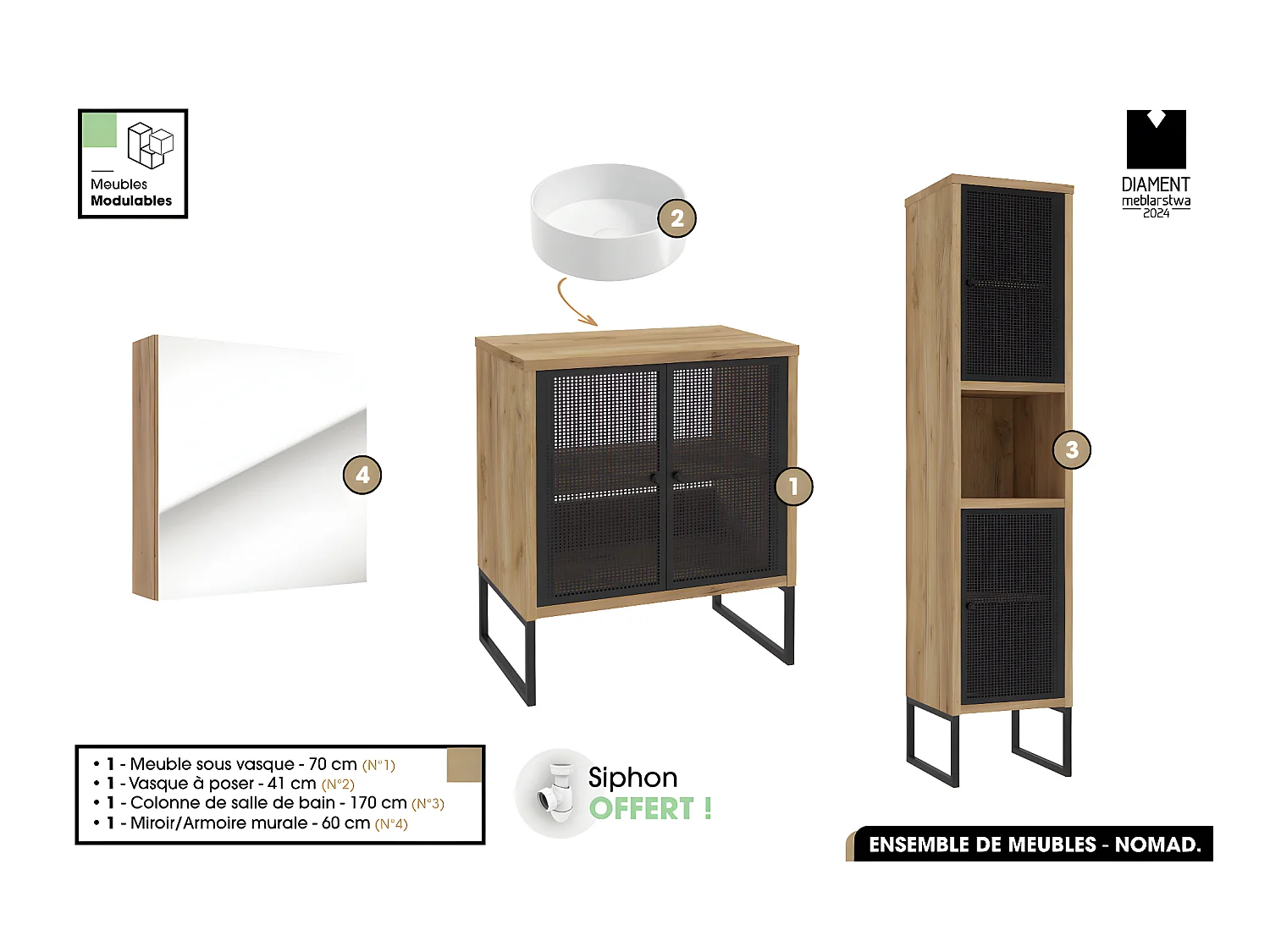 Ensemble complet de salle de bain - Meuble - Colonne - Miroir - Vasque avec Siphon OFFERT | NOMAD | OAK | 70 x 80 x 43 cm