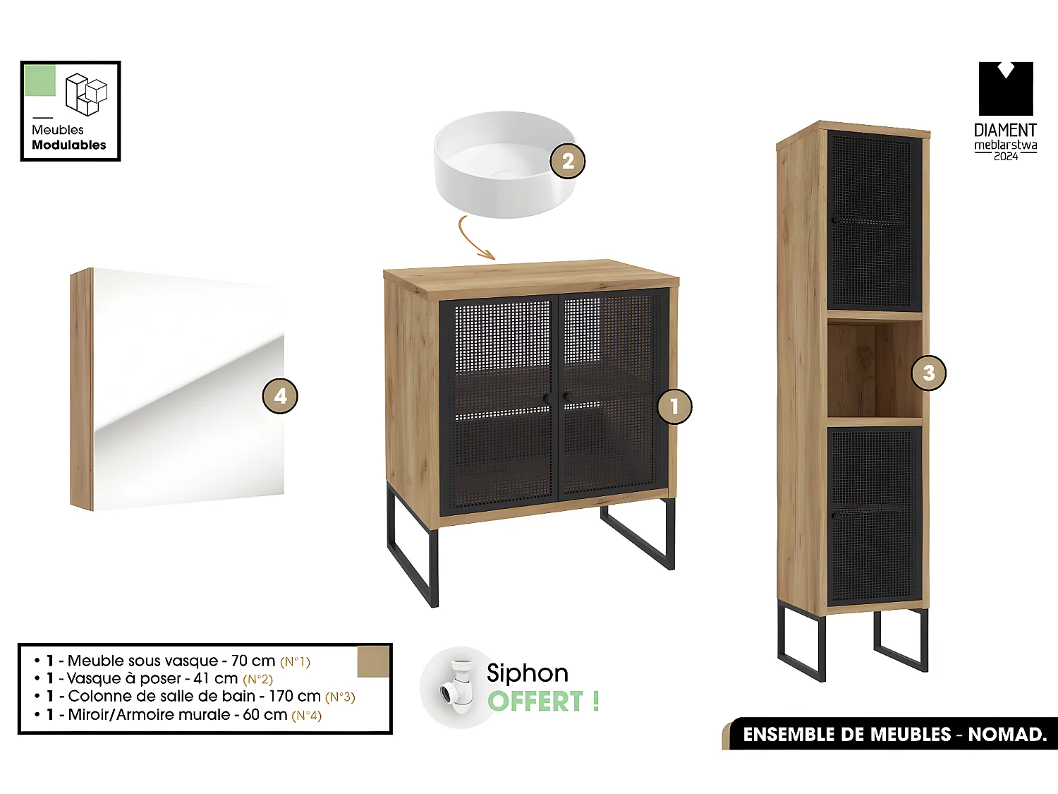 Ensemble complet de salle de bain - Meuble - Colonne - Miroir - Vasque avec Siphon OFFERT | NOMAD | OAK | 70 x 80 x 43 cm