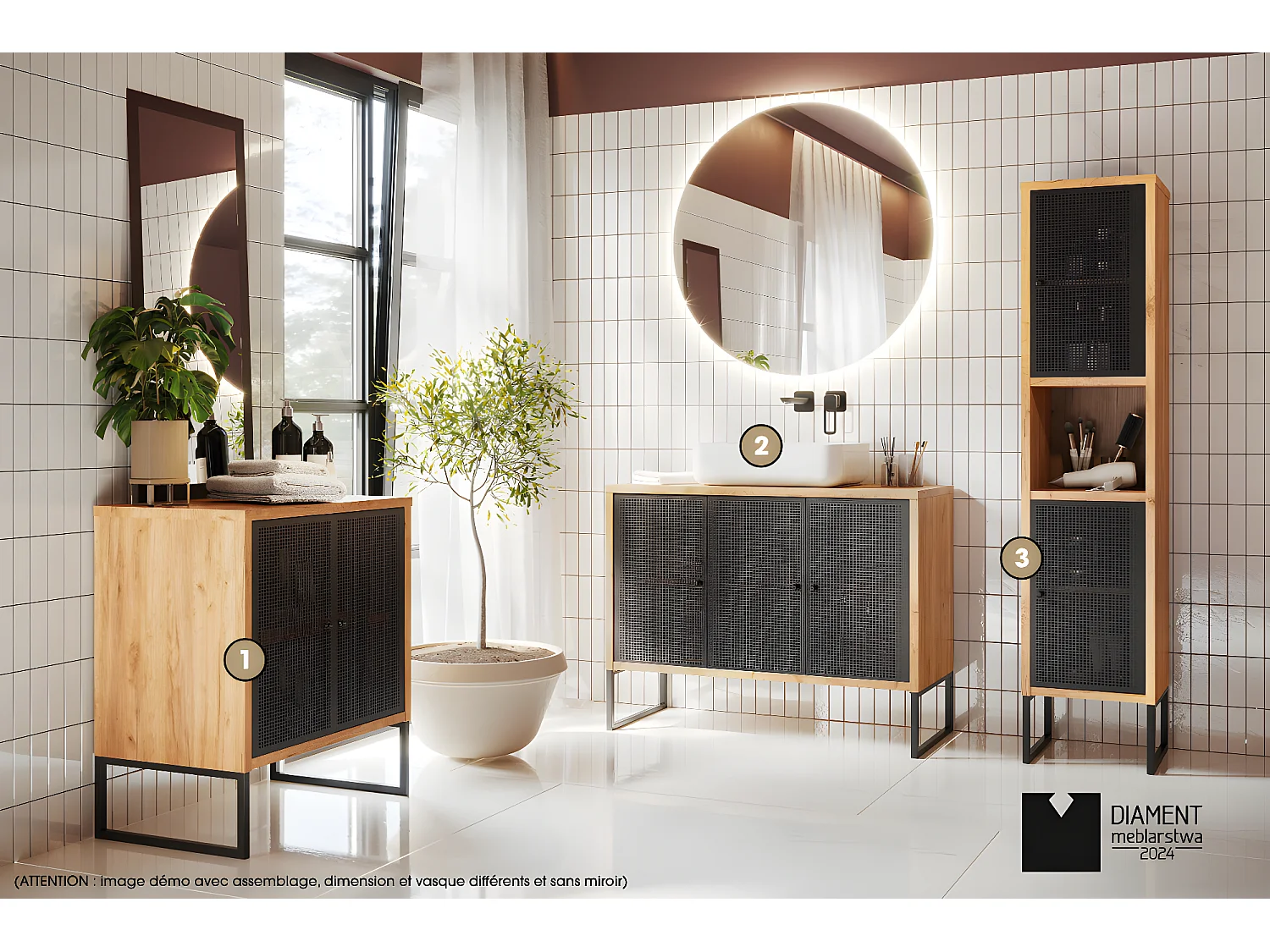 Ensemble complet de salle de bain - Meuble - Colonne - Miroir - Vasque avec Siphon OFFERT | NOMAD | OAK | 70 x 80 x 43 cm
