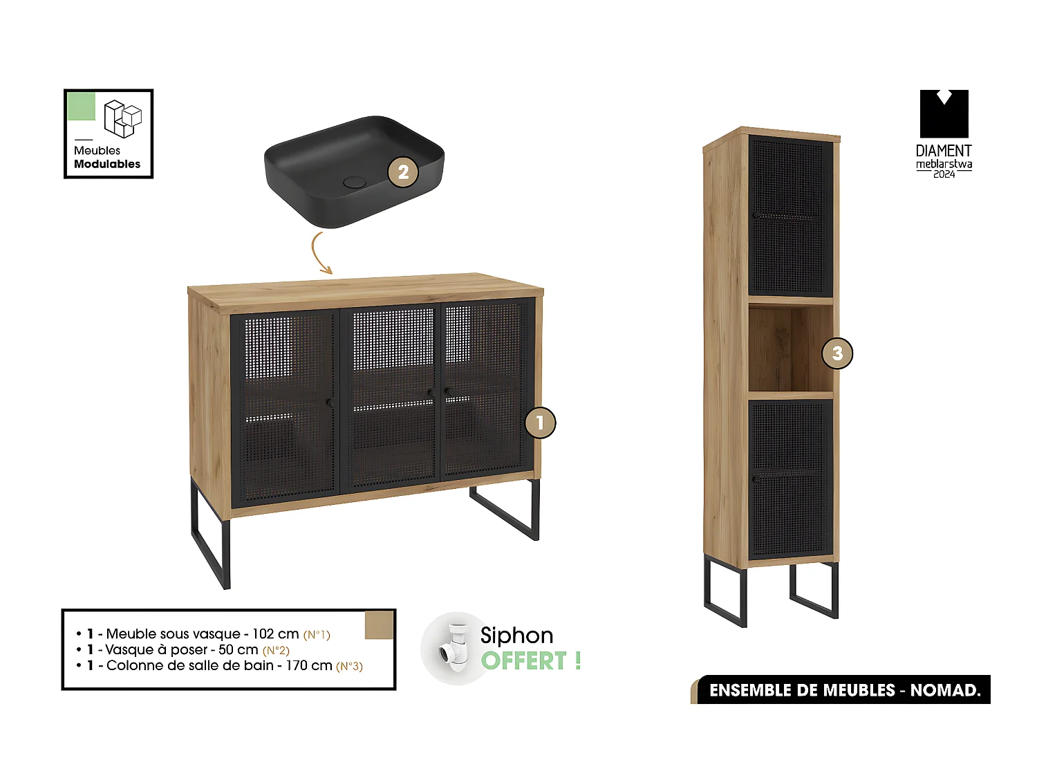 Ensemble complet de salle de bain - Meuble - Colonne - Vasque avec Siphon OFFERT | NOMAD | OAK | 102 x 80 x 43 cm