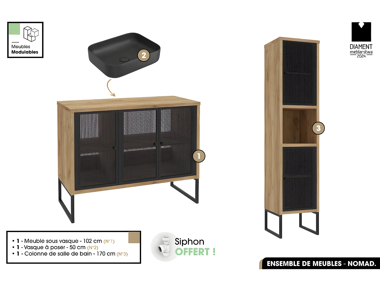 Ensemble complet de salle de bain - Meuble - Colonne - Vasque avec Siphon OFFERT | NOMAD | OAK | 102 x 80 x 43 cm