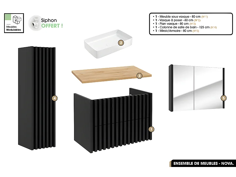 Ensemble complet de salle de bain - Meuble - Colonne - Miroir - Vasque à poser avec Siphon OFFERT | NOVA | Oak | 80 x 56 x 45 cm