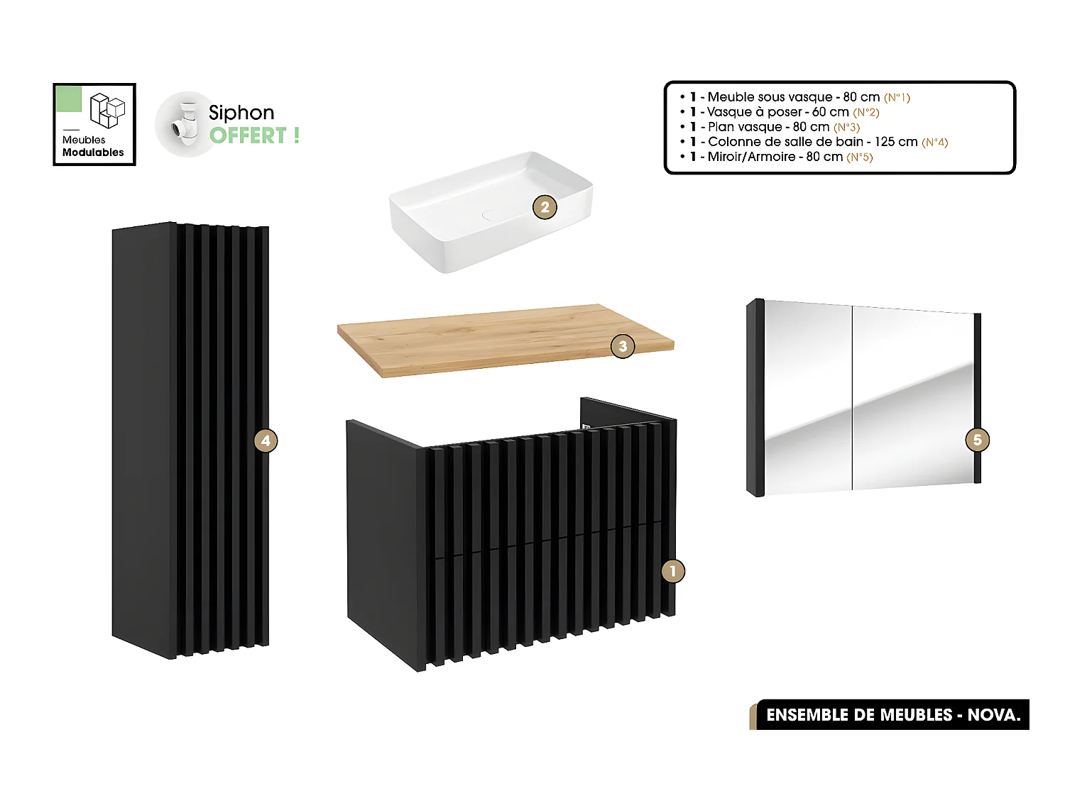 Ensemble complet de salle de bain - Meuble - Colonne - Miroir - Vasque à poser avec Siphon OFFERT | NOVA | Oak | 80 x 56 x 45 cm