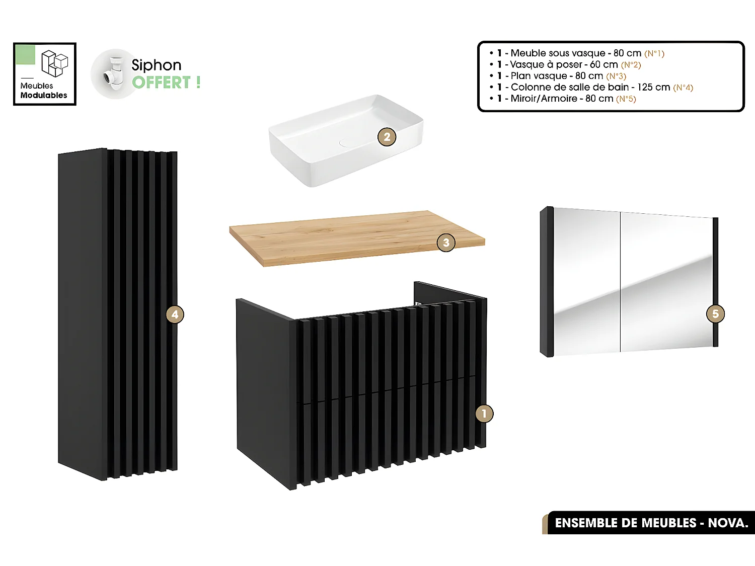 Ensemble complet de salle de bain - Meuble - Colonne - Miroir - Vasque à poser avec Siphon OFFERT | NOVA | Oak | 80 x 56 x 45 cm