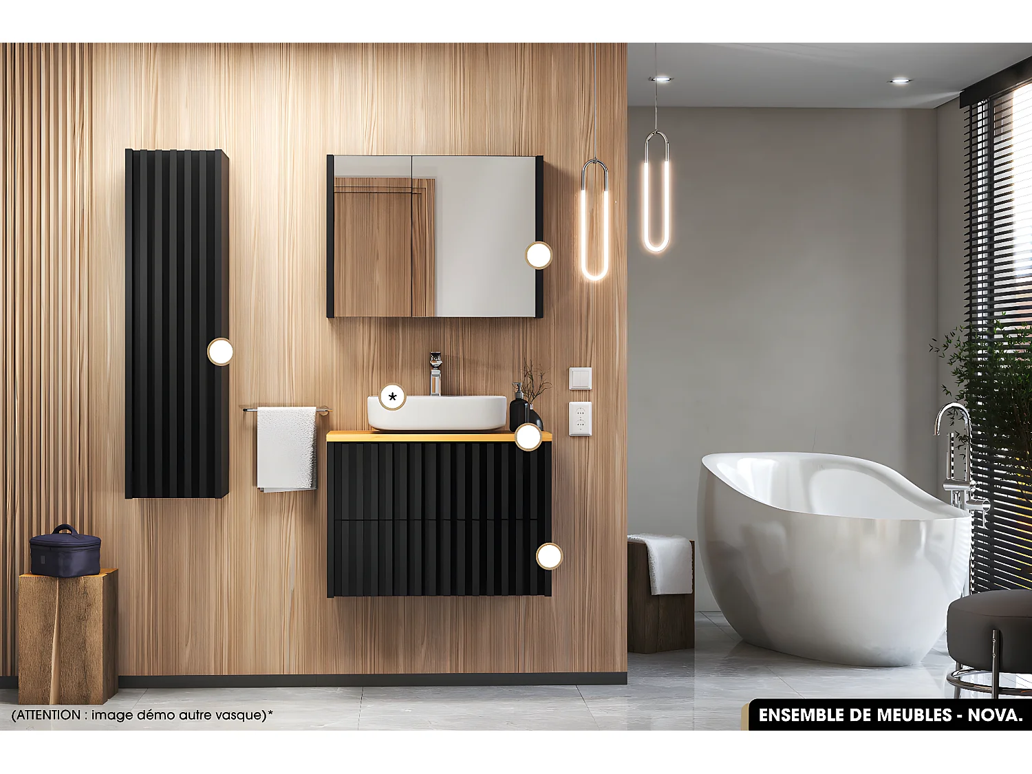 Ensemble complet de salle de bain - Meuble - Colonne - Miroir - Vasque à poser avec Siphon OFFERT | NOVA | Oak | 80 x 56 x 45 cm