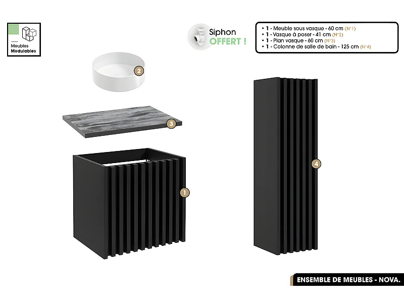 Ensemble complet de salle de bain - Meuble - Colonne - Vasque à poser avec Siphon OFFERT | NOVA | Noir | 60 x 56 x 45 cm