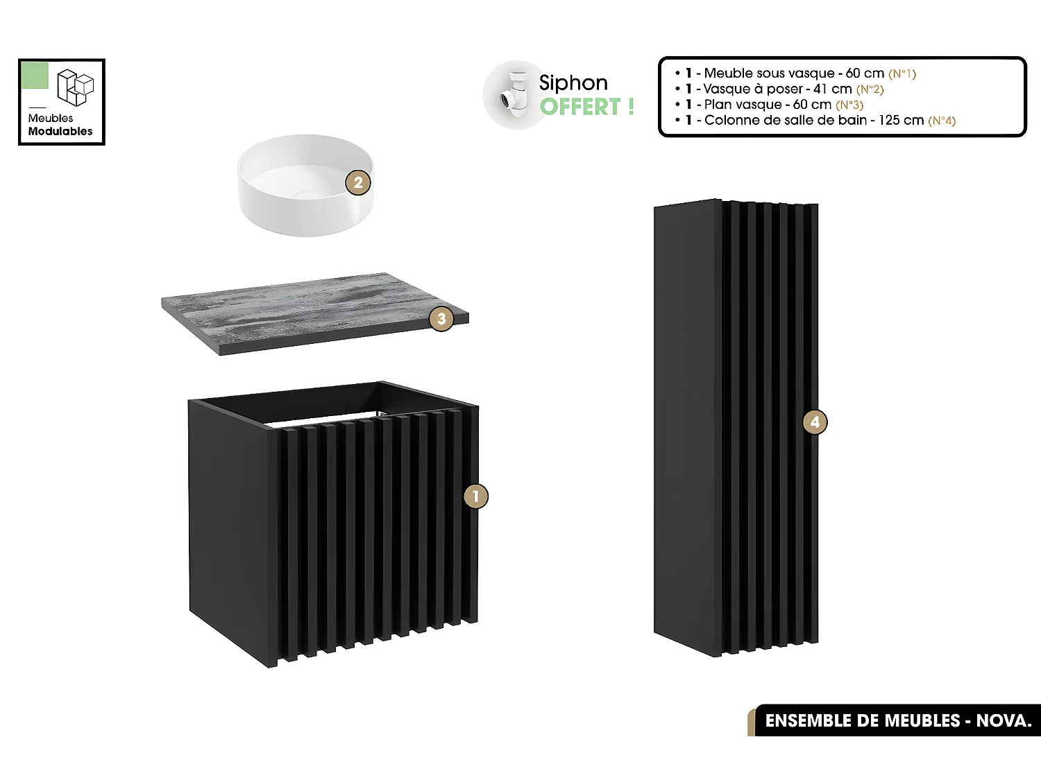 Ensemble complet de salle de bain - Meuble - Colonne - Vasque à poser avec Siphon OFFERT | NOVA | Noir | 60 x 56 x 45 cm