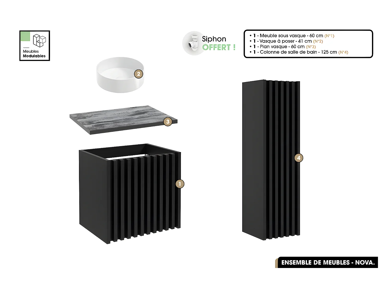 Ensemble complet de salle de bain - Meuble - Colonne - Vasque à poser avec Siphon OFFERT | NOVA | Noir | 60 x 56 x 45 cm