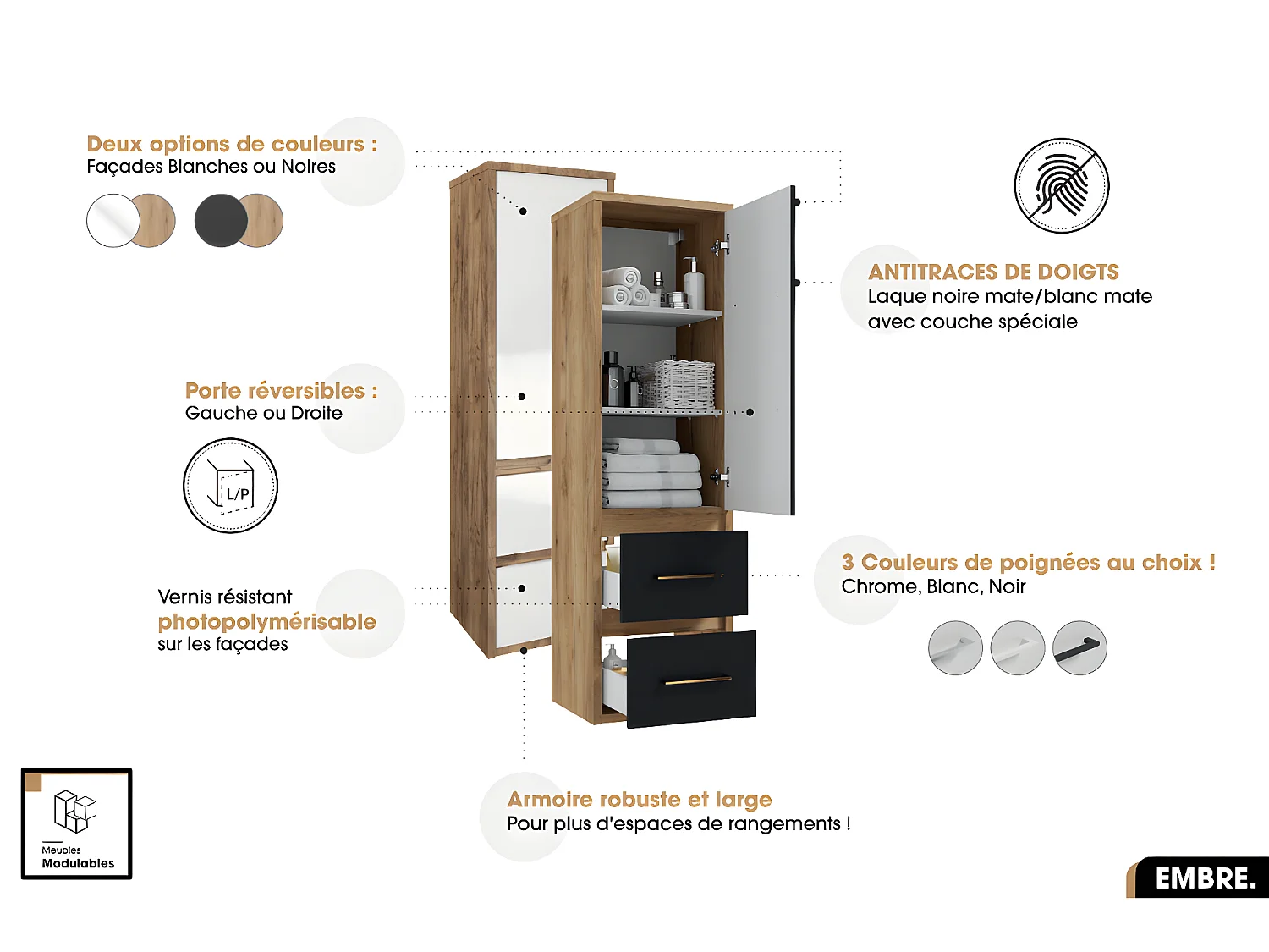 Ensemble complet - de salle de bain - Meuble - Armoire - Colonne - Vasque avec Siphon OFFERT | EMBRE | Blanc | 80 x 50 x 45 cm