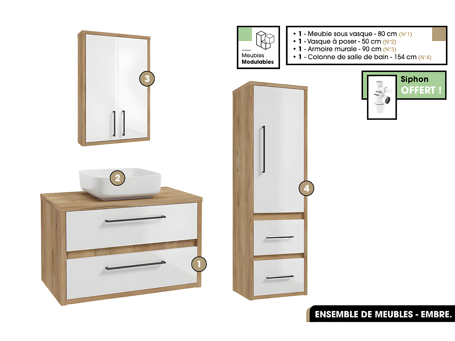 Ensemble complet - de salle de bain - Meuble - Armoire - Colonne - Vasque avec Siphon OFFERT | EMBRE | Blanc | 80 x 50 x 45 cm