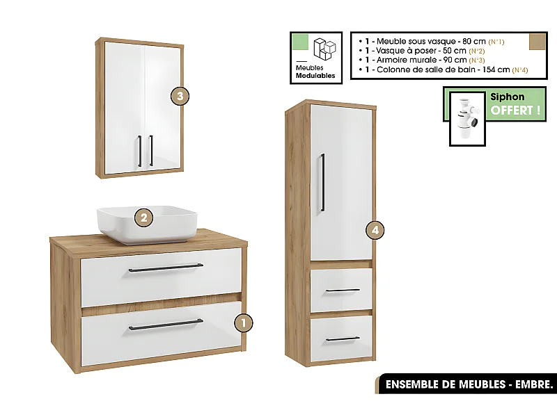 Ensemble complet - de salle de bain - Meuble - Armoire - Colonne - Vasque avec Siphon OFFERT | EMBRE | Blanc | 80 x 50 x 45 cm