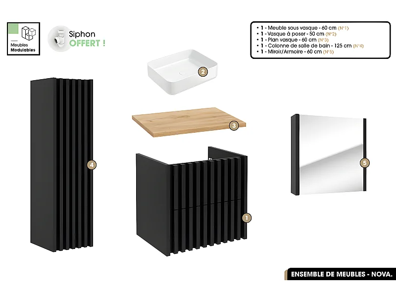 Ensemble complet de salle de bain - Meuble - Colonne - Miroir - Vasque à poser avec Siphon OFFERT | NOVA | Oak | 60 x 56 x 45 cm