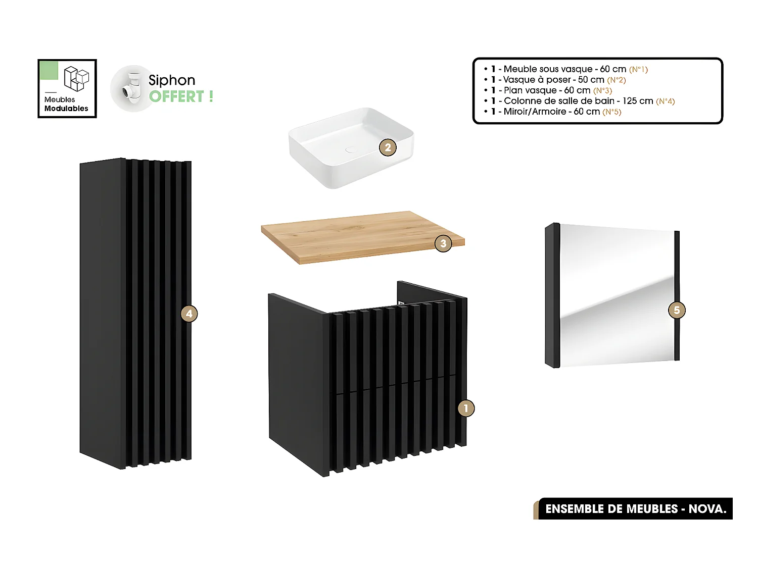 Ensemble complet de salle de bain - Meuble - Colonne - Miroir - Vasque à poser avec Siphon OFFERT | NOVA | Oak | 60 x 56 x 45 cm