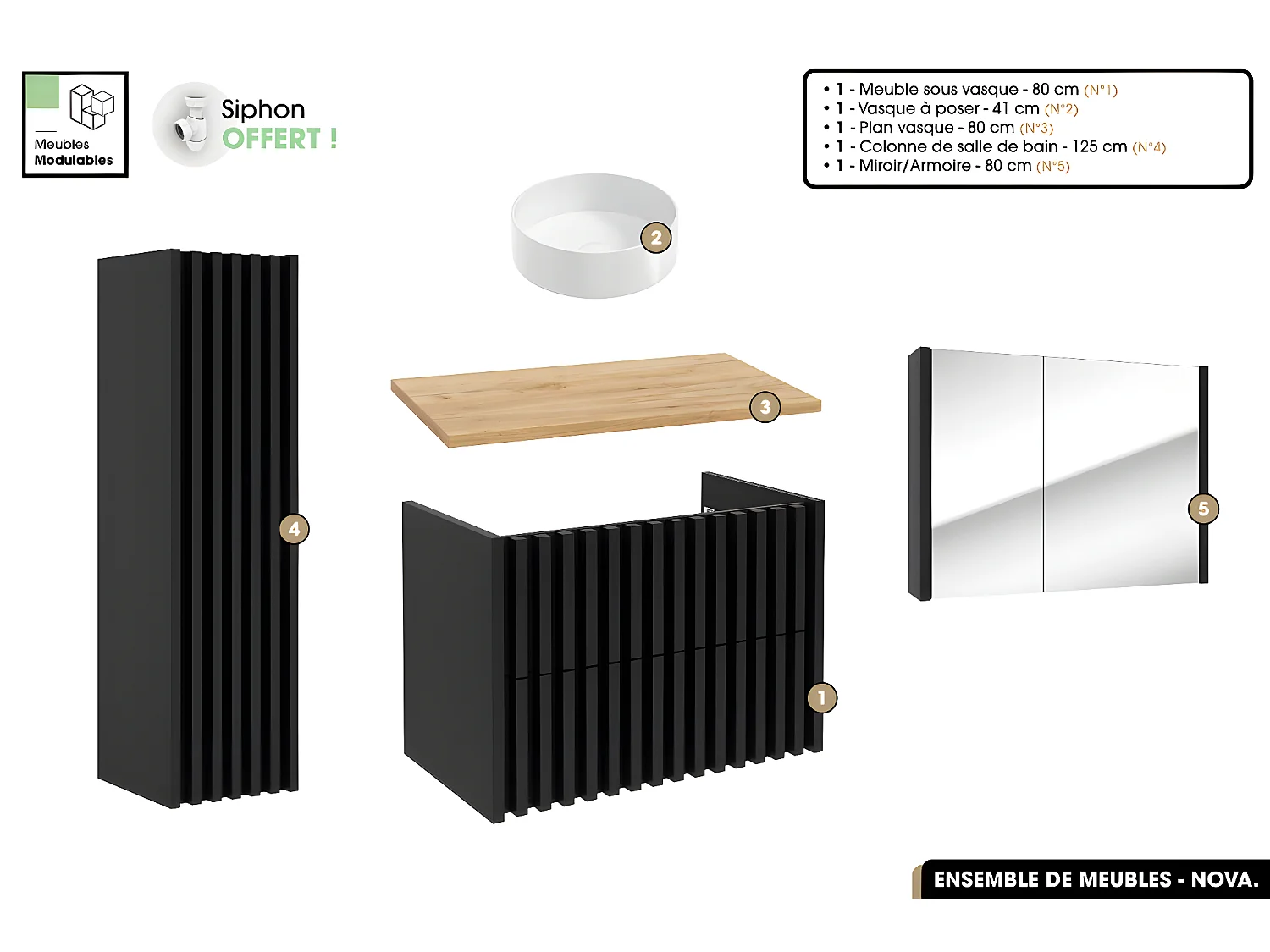 Ensemble complet de salle de bain - Meuble - Colonne - Miroir - Vasque à poser avec Siphon OFFERT | NOVA | Oak | 80 x 56 x 45 cm