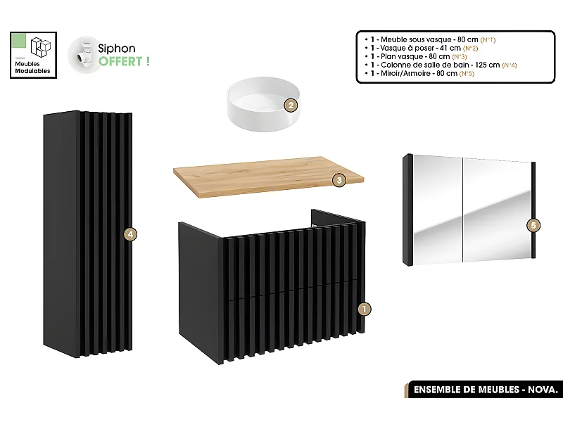 Ensemble complet de salle de bain - Meuble - Colonne - Miroir - Vasque à poser avec Siphon OFFERT | NOVA | Oak | 80 x 56 x 45 cm